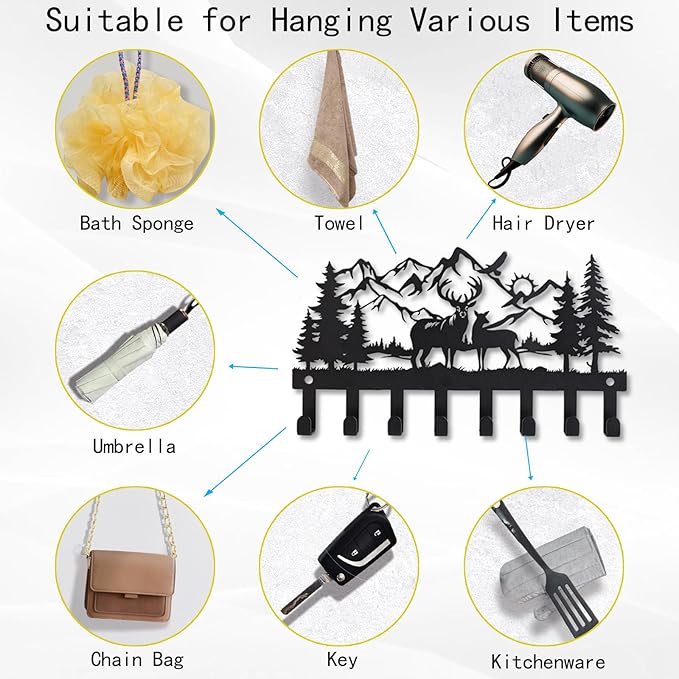 Deer Metal Key Holder for Wall, 14.5" X 8.9", Key Hooks for Wall Organizer, Key Rack, Forest Theme Coat Hat Towel Hooks, Ideal for Living Room, Hallway, Office