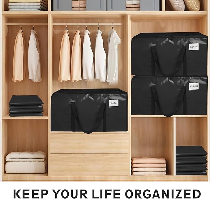 12 Pack-Extra Large Heavy Duty Moving Bags - Waterproof Storage Totes with Handles & Zippers, Foldable for College Dorm, Storage (Black)