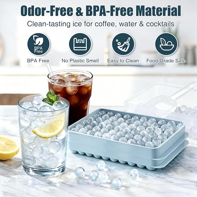 WIBIMEN Mini Ice Cube Trays, 0.55” Tiny Pebble Ice for Iced Coffee & Cocktails, Fast Chill, Easy Twist Release, Stackable with Lid & Storage Bin (2 Pack, Blue)