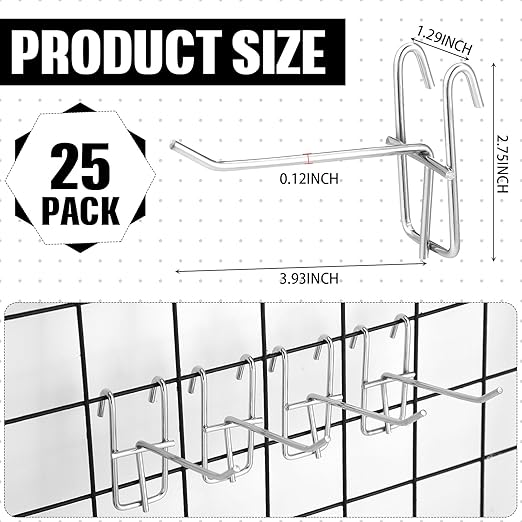 Moxweyeni 4 Inch Grid Wall Hooks 25 Pcs Gridwall Panel Hooks Store Garage Wall Mount Organizers Storage Grid Display Hangers for Retail, Craft Show, Home Setup, Customized Display (Silver)