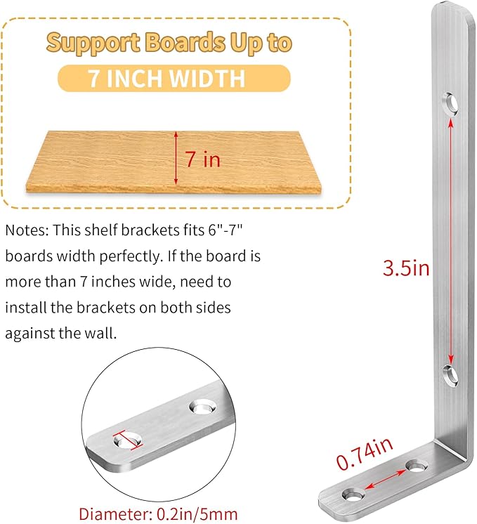 LSK L Bracket, 6"×2"(150×50mm) Heavy Duty Stainless Steel Corner Bracket for Wooden Board Max Load : 42lb, Pack of 6