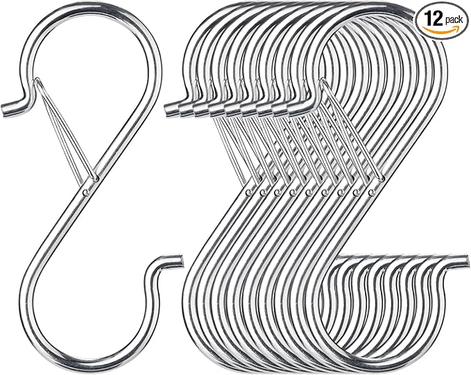 12 PCS S Hooks for Hanging with Safety Buckle, Metal S Shaped Hooks Fit for 0.5 Inch Rod Diamater, for Kitchen Utensil, Cups, Pots, Plants, Bags, Hats (Silver)