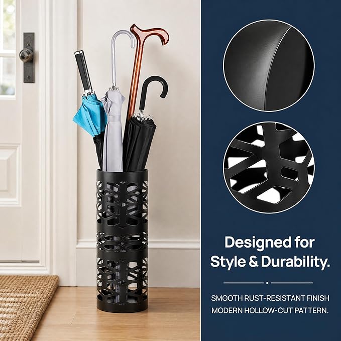 ZENFUN Umbrella Stand, Black Metal Umbrella Holder Freestanding, Cane Walk Stick Holder, Round Umbrella Rack for Entryway, Home, Office, 5.9 x 5.9 x 15.7 Inches