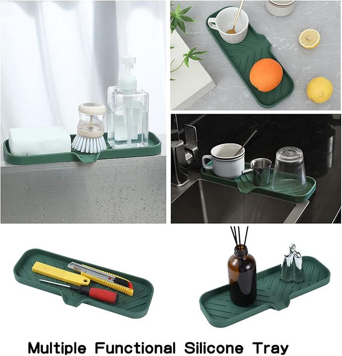 MicoYang Silicone Soap Dish with Drain Spout — Self-Draining Double Sink Organizer Tray for Kitchen & Bathroom, Dispensers, Sponges & Soap Holder, Non-Slip & Dishwasher Safe, Green (Large, 12"×4")
