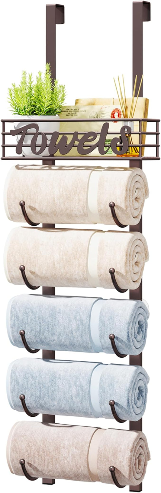 HapiRm Towel Racks for Bathroom Storage - 6 Tier Over The Door & Wall Mount Rolled Towel Storage Organizer Holder with Metal Shelf Basket for Small Bathroom, Camper, Rv - Bronze, Patented