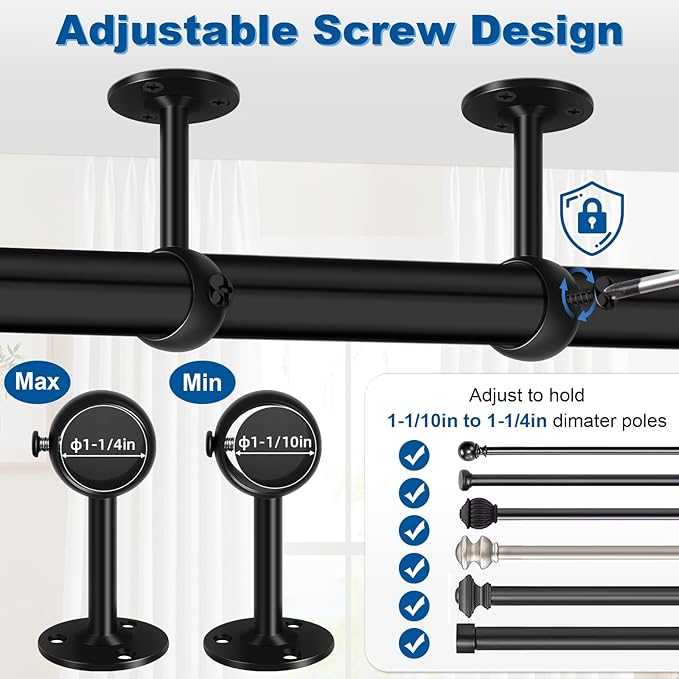 Ceiling Curtain Rod Bracket, Heavy Duty Curtain Rod Hooks for Wall, Stainless Steel, 16 Pack Black Ceiling Curtain Rods Holders Hangers for 1 1/4-Inch Drape Poles