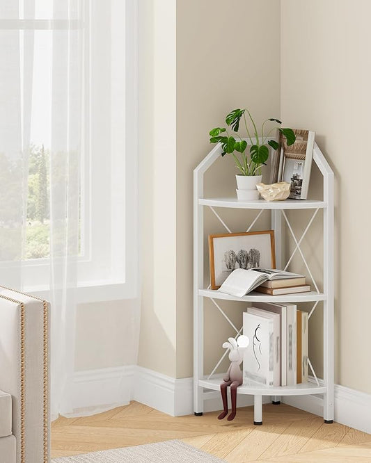 CHOEZON 3-Tier Corner Shelf, Industrial Corner Bookshelf, 35.4" Storage Stand, Plant Stand Display Shelf, Bookcase for Bedroom, Living Room, Home Office, White TCJ03WB