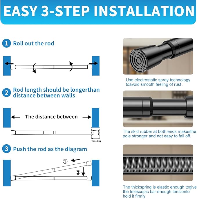 AIZESI 2 Pack Tension Rods for Windows 26.5 to 36 inch, Adjustable Expandable Pressure Spring Curtain Rods No Drilling, Black Curtain Rods for Doorway Closet Door