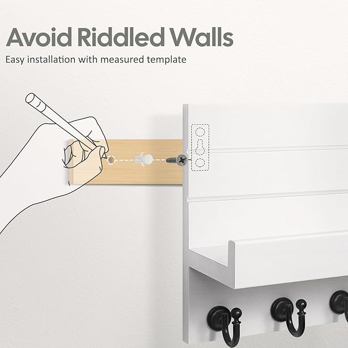 HONJIN Key Holder for Wall: Upgraded 7 Sturdy Key Hooks Easy Installation Mail Organizer Wall Mount Hanging Key Rack for Kitchen and Entryway Decor