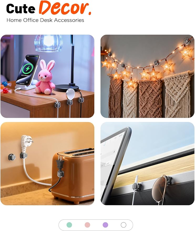 Cable Clips,8 Pack Cord Holder Cord Organizer [1s Lock & Strongest Adhesive] Spring Cord Clips Phone Charger Wire Desk Cable Management Nightstand Home Office School Decor Women Cute Desk Black