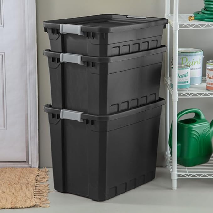 Sterilite 6-Pack 10 Gallon Stacker Tote, Rugged Plastic Storage for Home Organization, Black - Stackable Organizer Bins with Recessed Lid & Heavy-Duty Latches for Closet, Basement, Garage and Attic