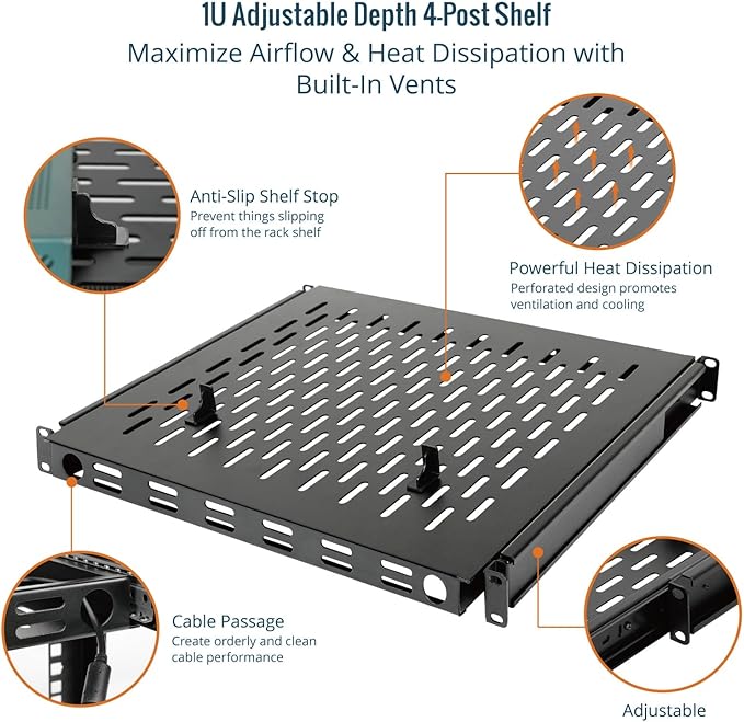 Tecmojo 1U Sliding Rack Shelf,4-Post Vented Rack Mount Shelf,13.8in Deep with Adjustable Mounting Depth 13.8-19.7in,Supports to 110lbs,for 19 Inch AV/Network Equipment Rack,Unassembled,Black