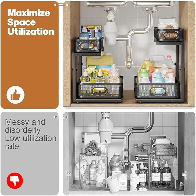 1 Pack 15.7IN-Depth Under Sink Organizer With Smooth Cylindrical Rail,2-Tier Pull Out Multi-Purpose Cabinet Storage for Bathroom&Kitchen,Height Adjustable,Rust-resistant Coating-Black