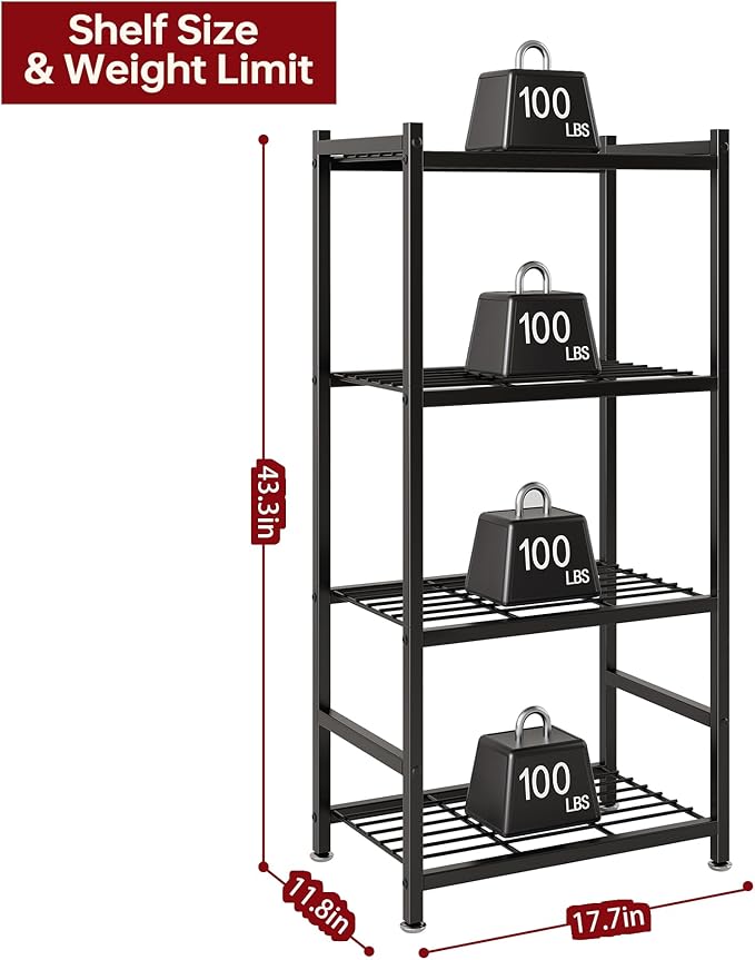 Small Storage Shelves, 4-Tier Metal Shelving Unit with Adjustable Feet, Compact Shelf Organizer for Garage, Kitchen, Pantry and Closet Organization, 17.7" x 11.8" x 43.3" ，Black