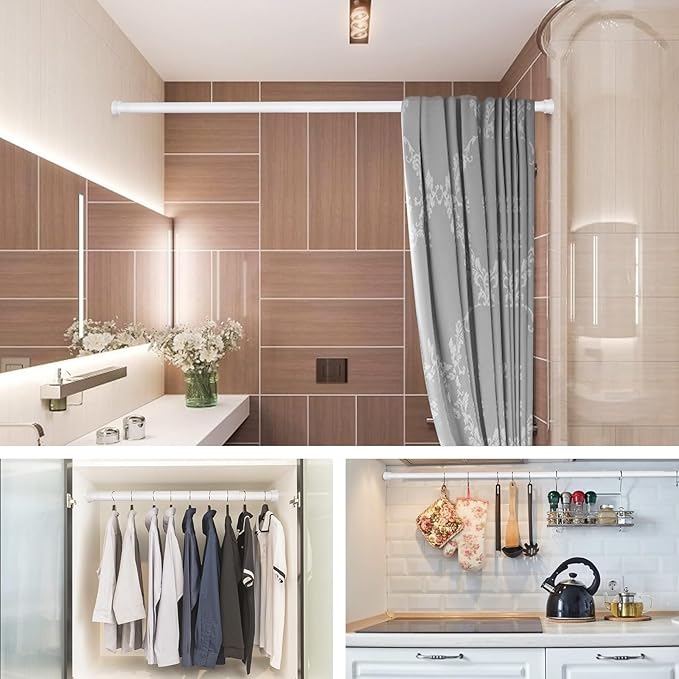No Sectional Assembly Shower Curtain Rod 42-78 Inch, 1" Diameter Spring Long Adjustable Tension Curtain Rods for Bathroom Windows Closet No Drilling No Rust, White
