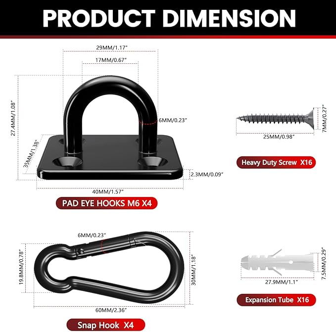 sprookber 304 Stainless Steel Pad Eye Snap Hooks, M6 Heavy Duty Ceiling Hooks, 800 lb Capacity Hammock Swing Hanging kit, Plant Hangers, Marine Hardware Staple Hook Loop with Screws, Set of 8(Black)