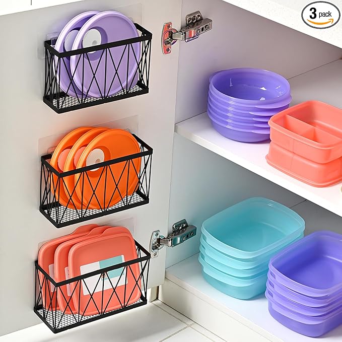 3 Pack Cabinet Organizer - Adhesive Lid Organizer Slim Space Wall Mounted Inside Cabinet Door Storage for Kitchen, Bathroom, Pantry, Under Sink