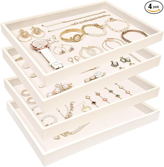 Beige Velvet Jewelry Trays for Drawers Black Jewelrys Display Tray Stackable Jewelry Organizer Trays for Necklace Bracelet Ring Watch (4 Pack)