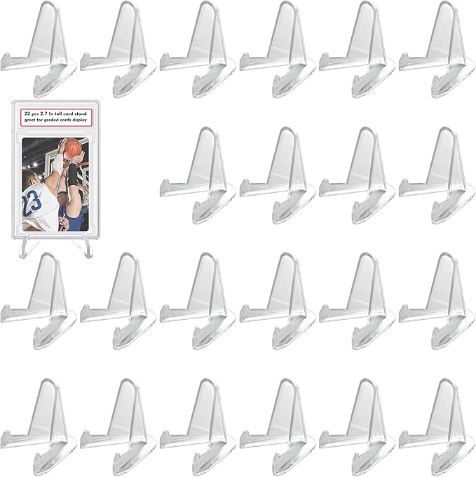 LRANFOW Thickened Acrylic Card Stands Mini Easel Holder, Sports Card Stands, Trading Graded Card Stand for Displaying Pocket Graded Card Challenge Medals Casino Chips, 22 Pack 2.7 Inch Tall Clear