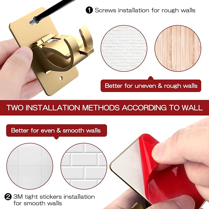 4 Pieces Self Adhesive Curtain Rod Bracket Universal Plastic Curtain Rod Holders, No Drill Curtain Rod Brackets Curtain Rod Hooks for Bathroom, Bedroom, Livingroom, Kitchen (Gold)