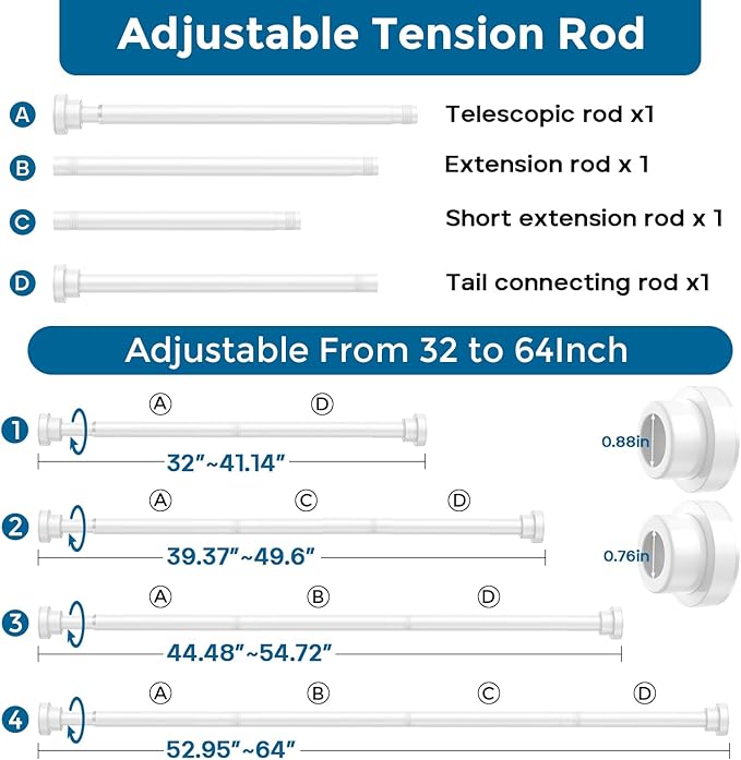 AIZESI 32-64 Inch Tension Curtain Rod No Drilling White Spring Loaded Curtain Rods Adjustable Tension Rod for Window Bathroom Doorway Closet Storage