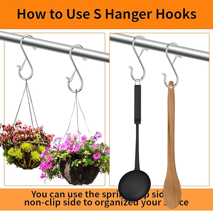 48 PCS S Hooks for Hanging with Safety Buckle, 3.5 inch Heavy Duty Metal S Shaped Hooks Stainless Steel for Hanging Kitchen Utensil, Cups, Pots, Plants, Bags, Hats (Silver)