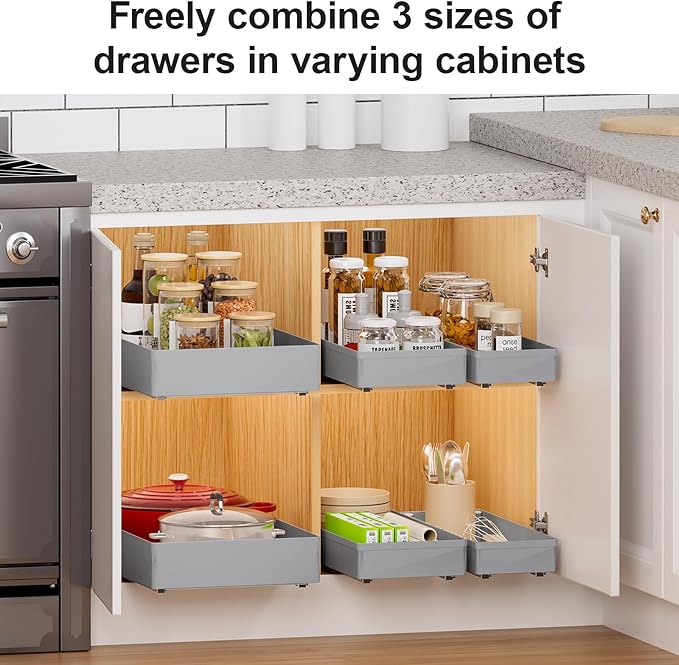 Delamu 3 Pack Pull Out Cabinet Organizer, 15.7" Deep Pull Out Drawers for Cabinets, Slide Out Drawers for Kitchen Cabinets, Bathroom Cabinet Organizer, Pantry (Grey)