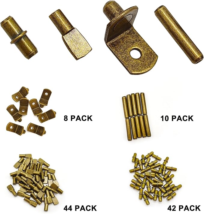 104Pcs Shelf Pins Pegs Kit,4 Styles Shelf Support Pegs,Bookshelf Pegs for Shelves,Cabinet Shelf Bracket Pegs Shelf Holders Pins for Kitchen Furniture & Closet (5mm & 1/4inch,Bronze Tone)