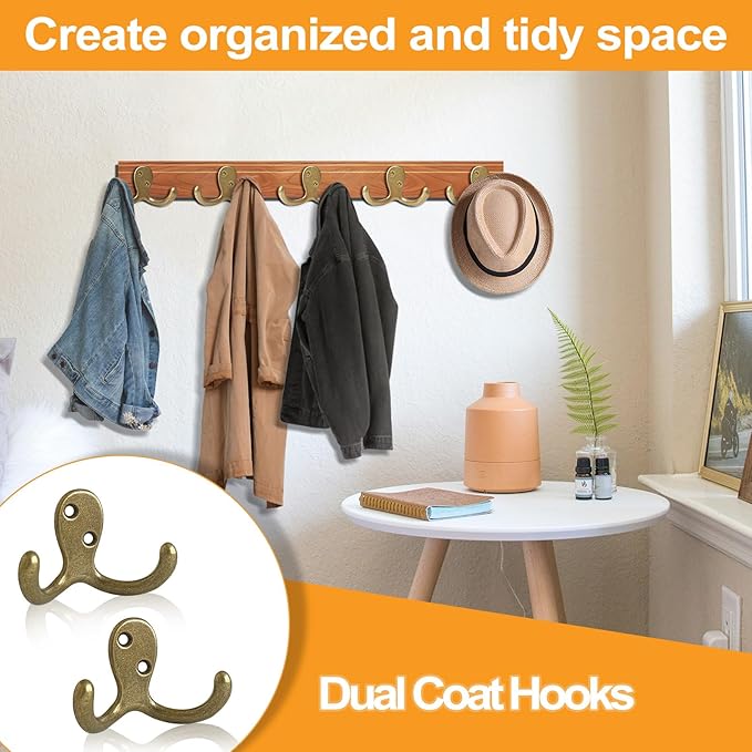 CBWLWJ 25 Pack Coat Hooks Wall Hooks for Hanging, Heavy Duty Double Prong Metal Hook Wall Mounted for Living Room, Bathroom, Kitchen, Bedroom for Coat, Bag, Scarf, Towel, Hat, Key, Cup (Bronze)