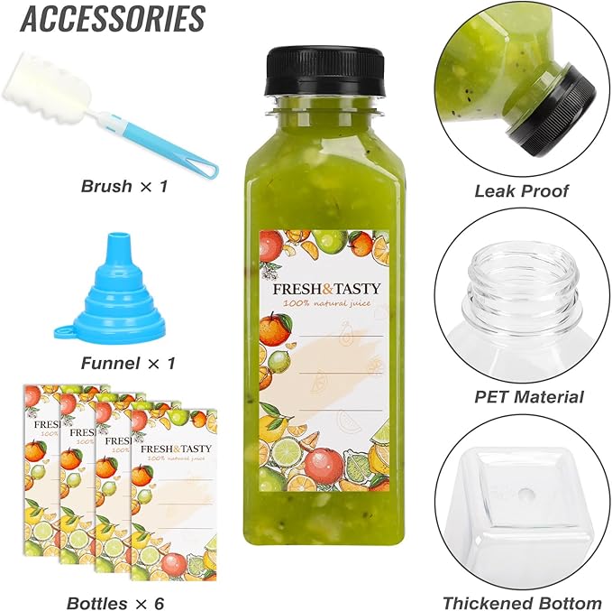 TOMNK 6pcs Juice Bottles, 12oz Reusable Plastic Juice Bottles with Caps and Labels, Funnel, Brush Beverage Containers for Juicing, Smoothies, Tea, Milk