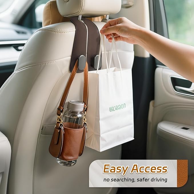 Car Seat Headrest Hooks - 2 Pack Universal Car Purse Hook, Leather Car Bag Purse Holder with Double Metal Hooks for Handbags, Grocery Bags, Bottles, Phones