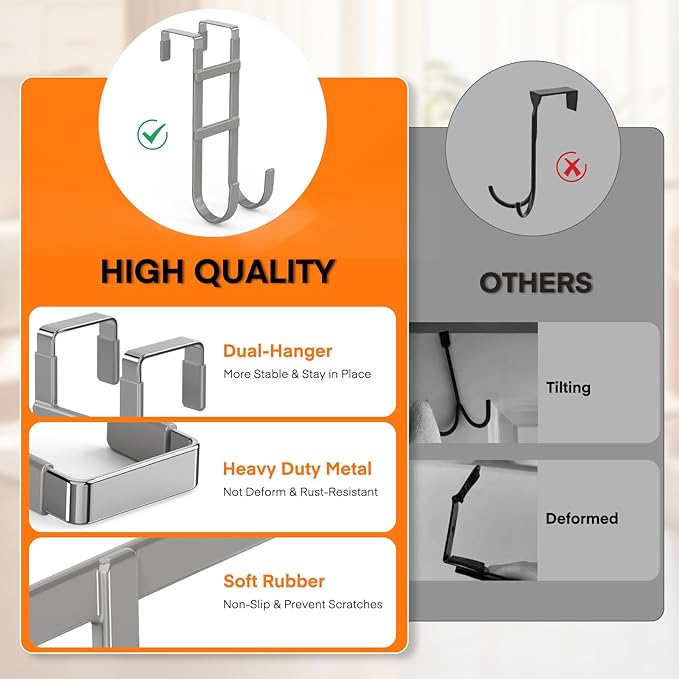 FYY Over The Door Hooks - 4 Pack Heavy Duty Double-Hanger Organizer for Bathroom Bedroom Dorm, Hanging Clothes Towels Hats Bags Ironing Board Wreath Robe - Fits Interior Doors Up to 1.6” Grey