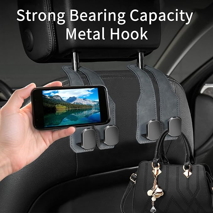Car Seat Headrest Hooks for Purses and Bags, 4 Pack Bag Purse Holder for Car with Double Metal Hooks, Car Purse Hanger, Headrest Back Seat Handbags Hook Cute Hanging Accessories, Grey