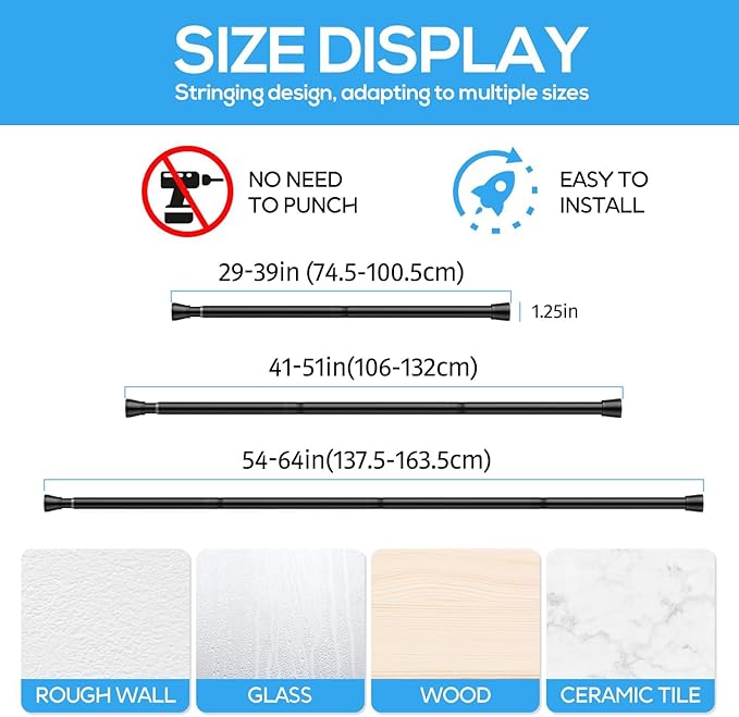 1 Pack Spring Tension Rods 30-64 Inches, 7/8 Inch Diameter Black No Drill Spring Loaded Adjustable Extendable, Small Short Tension Curtain Rod for Windows Kitchen Doorway Closet Cupboard