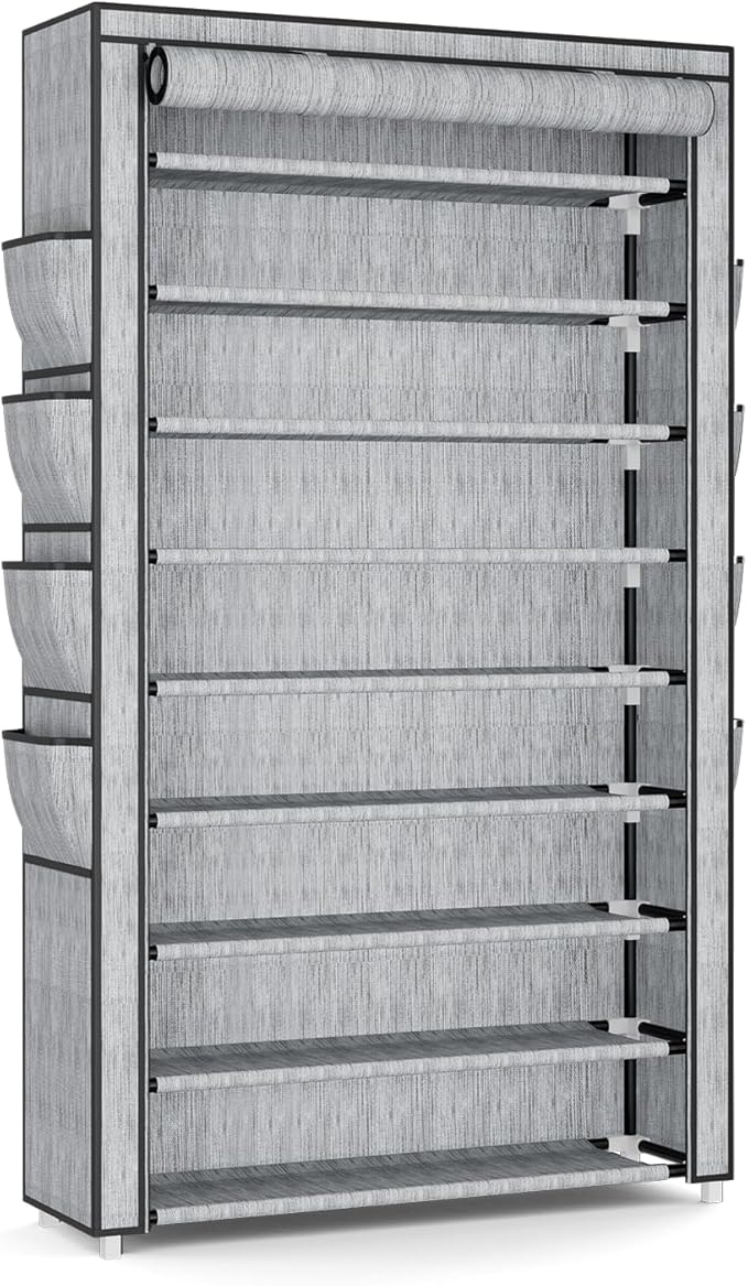 Shoe Rack with Cover, 10 Tier Shoe Organizer Storage for 40-50 Pairs Sneaker and Boots, Large Capacity, with 8 Pockets, Free Standing Tall Shoe Rack for Front Door Entrance, Closet, Printing