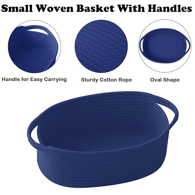 Small Woven Rope Basket-Empty Gifts Basket with Bag and Ribbons,Cute Handle Organizer Box for Birthday/Baby Shower, Toy Storage, Nursery Organizing & Shelf Decor(Royal Blue)