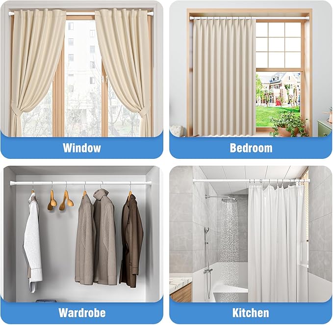 AIZESI 2 Pack Tension Curtain Rod for Windows 45 to 77 Inch, Adjustable Expandable Spring Curtain Rods No Drilling, Non Slip Curtain Rod for Bedroom Doorway Closet, White