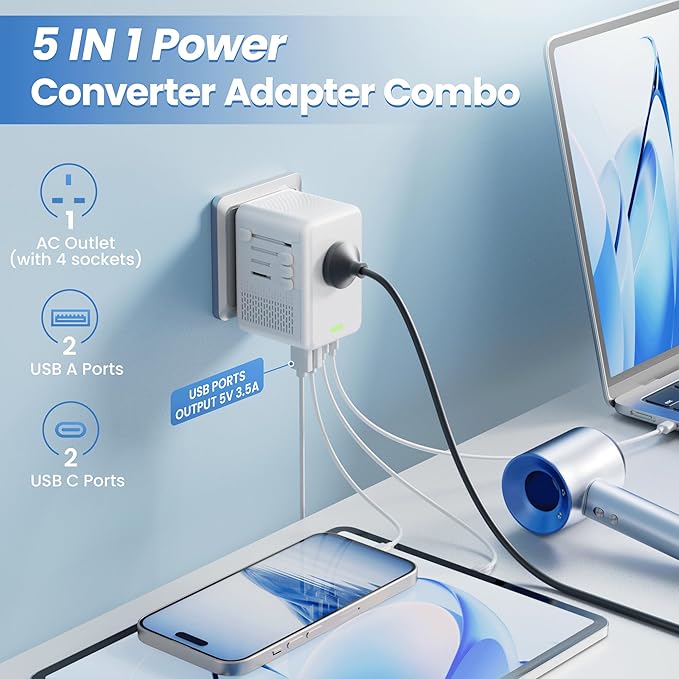 Converter for European Travel, Specially for Hair Dryers, 220v to 110v Voltage Converter with AC Socket, 2 USB C & 2 USB A Ports, Compact Voltage Converter US to Europe (White)