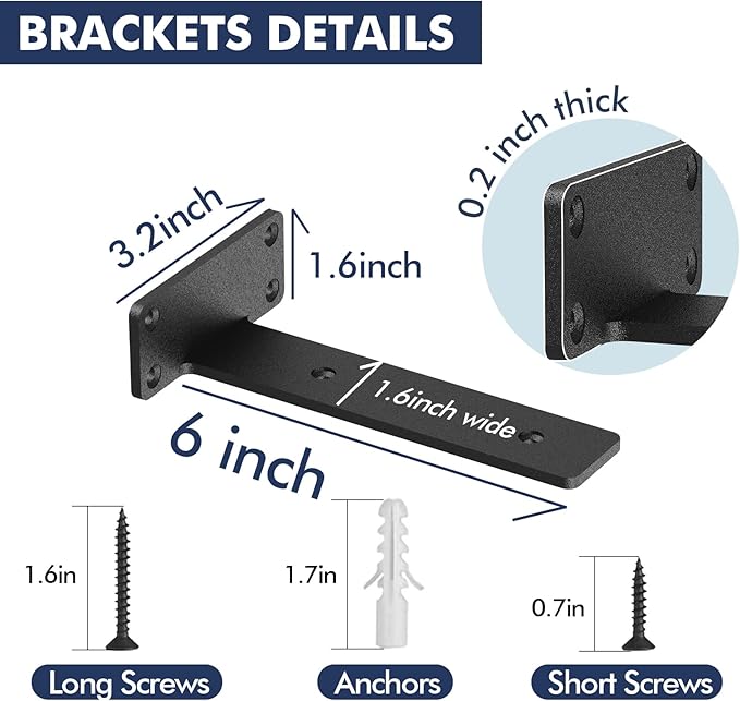 Starunder 6 Pack Floating Shelf Brackets, 6 Inch Heavy Duty Industrial Shelf Bracket, Black Metal L Brackets for Shelves Support DIY(1/5 Inch Thicked)