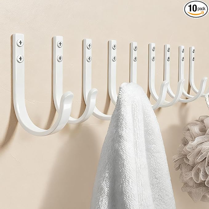 10-Pack Wall Hooks for Towel/Coat - 22LB Heavy Duty Metal Hanger Wall Mount, for Outdoor, Closet, Door, Shelf, Bathroom, for Backpack, Cup, Clothes, Mug, White Matte Screws Included