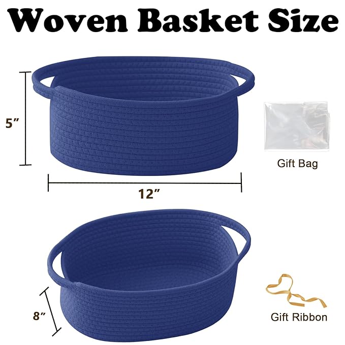 Small Woven Rope Basket-Empty Gifts Basket with Bag and Ribbons,Cute Handle Organizer Box for Birthday/Baby Shower, Toy Storage, Nursery Organizing & Shelf Decor(Royal Blue)