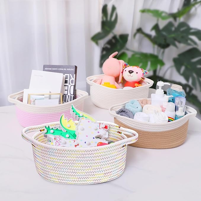 ABenkle Small Woven Basket, 12"x 8" x 5" Cute Small Basket, Rope Room Shelf Storage Basket, Cat Dog Toys Basket Chest Box, Empty Decorative Gift Basket with Handles - Colorful Thread