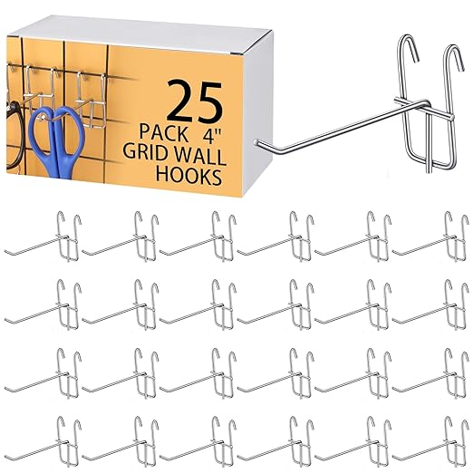 Moxweyeni 4 Inch Grid Wall Hooks 25 Pcs Gridwall Panel Hooks Store Garage Wall Mount Organizers Storage Grid Display Hangers for Retail, Craft Show, Home Setup, Customized Display (Silver)