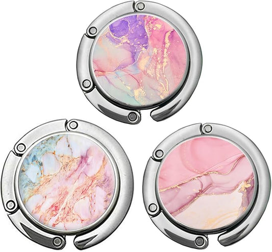 Bosketo Foldable Purse Hook Womens Bag Table Hanger Collection Desk Hooks for Purse (3pack Unique Marble Hook)