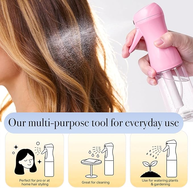 3Pcs Continuous Spray Bottles For Hair,Ultra Fine Mister for Hair Styling, Plants, Cleaning, Salon, Misting & Skin Care (200ml Blue+Pink+Clear)