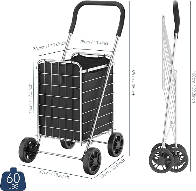 Whitmor Foldable Utility Shopping Cart with Wheels, 60Lb Capacity, Heavy Duty Grocery Cart with Steel Frame, Foam Handle, Rolling Utility Cart for Grocery, Laundry, Travel, Sliver/w Liner