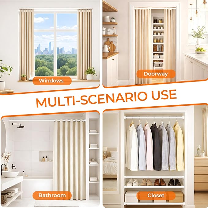 Tension Curtain Rod 28-48 Inch 7/8" Diameter, Adjustable No Drilling Rustproof White Spring Loaded Curtain Rods for Window, Doorway, Bathroom, Closet, Kitchen, Shower Stall