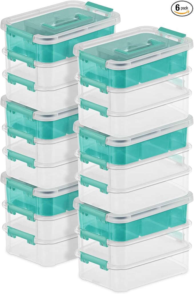 Sterilite 6 Pack Plastic Storage Box Container, 3 Layer, Stack and Carry, Clear/Blue