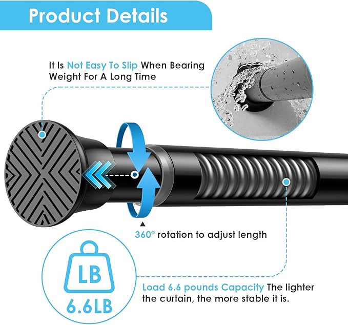 1Pcs Tension Curtain Rod 31 To 76 Inch Black Shower Curtain Rod No Drilling Adjustable Spring Loaded Curtain Rods 7/8"Diameter Shower Rods For Bathroom Windows Bedroom Closet Doorway Door