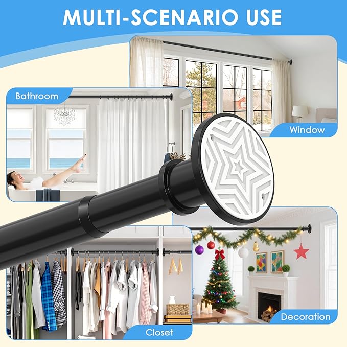 Outdoor Curtain Rod 31-144 inch Adjustable Long Spring Black ShowerTension Curtain Rod Extra Long Outdoor Rods for Patio Bathroom Windows No Drilling, No Rust